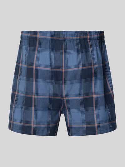 Produktfoto, Boxershorts aus reiner Baumwolle im 2er-Pack von SCHIESSER, kariertes Muster in Blau und Orange, elastischer Bund, Regular Fit, Label-Detail, glatte Baumwolltextur vor grauem Hintergrund