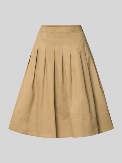 Produktfoto, Knielanger Rock aus reiner Baumwolle von Tommy Hilfiger in Beige, A-Linien-Form, glatte Stoffstruktur, gleichmäßige Falten.