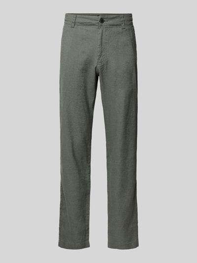 Produktfoto, Regular Fit Leinenhose aus Leinen-Mix Modell 'Sanderson-L-3' von BOSS in Olivgrün, unifarben, Webware, seitliche Eingrifftaschen, Knopfverschluss