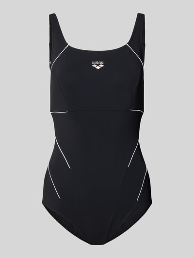 Produktfoto, Slim Fit Badeanzug mit Shaping-Effekt von Arena, elastisches schwarzes Material mit weißen Linien, Logo-Print, verstellbare Träger
