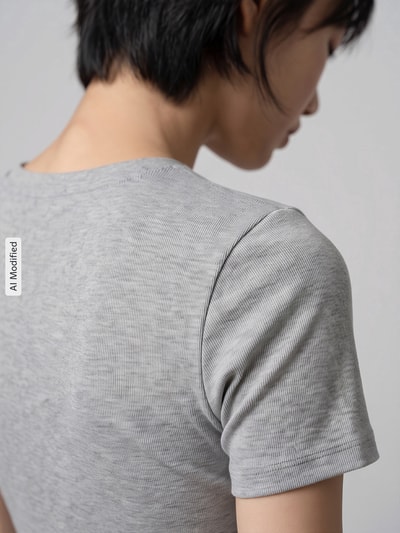 Frauenmodel trägt Slim Fit T-Shirt aus Baumwoll-Mix Modell 'RILEY' von ONLY in Hellgrau, feine Rippenstruktur, Detailaufnahme Rückansicht, KI-modifiziertes Bild.