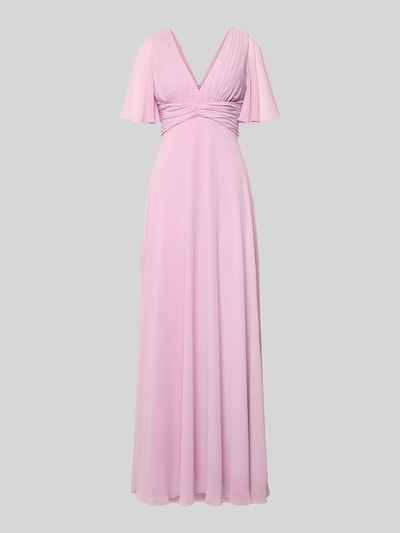Produktfoto, Sukienka wieczorowa Regular Fit Abendkleid mit V-Ausschnitt von Jake*s Cocktail, różowa, szyfon, krój regular fit, dekolt w serek, plisy, rękaw o dł. 1/2, dekolt na plecach, wszyty zamek błyskawiczny, halka pod spódnicę, długość tyłu w rozmiarze 36: 126 cm, szerokość w rozmiarze 36: 40 cm, długość rękawów w rozmiarze 36: 29 cm