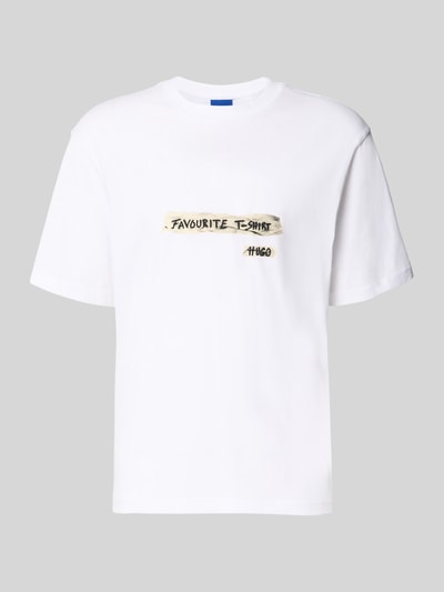 Produktfoto, weißes Regular Fit T-Shirt aus reiner Baumwolle Modell 'Naxter' von HUGO mit schwarzem Schriftzug, Herren T-Shirt von HUGO Blue