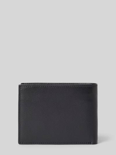 Produktfoto, Portemonnaie aus Rindsnappa mit Münzfach von Valentino Bags in Unifarbe Schwarz, rechteckige Form, glatte Textur, Logo-Prägung sichtbar, Karten- und Münzfach-Aufteilung, hochwertiges Nappaleder