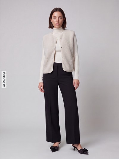 Frauenmodel trägt Regular Fit Weste mit Logo-Detail von Jake*s Casual in Creme, kombiniert mit schwarzer Hose, Ganzkörperansicht von vorne, KI-modifiziertes Bild.