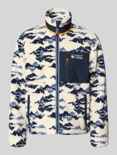 Produktfoto, Regular Fit Fleecejacke mit Stehkragen von NAUTGÅRD, cremeweiß-blau gemustertes Fleece, Logo-Stitching, Napoleontasche, weiche Textur