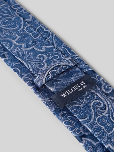 Produktfoto, Krawatte aus Seide im Allover-Look (7 cm) von Willen in Blau mit Paisley-Muster, Label-Detail sichtbar, klassische Form, reine Seide