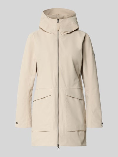 Produktfoto, Regular Fit Parka mit Logo-Applikation Modell 'Folka' von Didriksons in Beige, strukturierte Oberfläche, aufgesetzte Taschen, Stehkragen mit Kapuze, Zweiwege-Reißverschluss, geeignet für Damen
