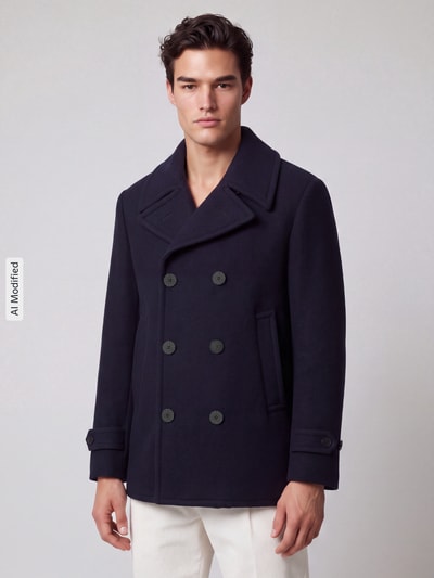 Männermodel trägt Regular Fit Mantel mit Woll-Anteil von Polo Ralph Lauren in Dunkelblau, strukturierte Oberfläche, Ganzkörperansicht von vorne, KI-modifiziertes Bild.