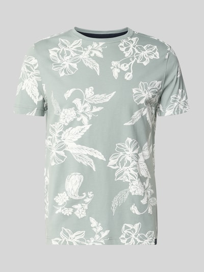 Produktfoto, T-Shirt mit Rundhalsausschnitt und Label-Detail von Lerros, męski t-shirt z bawełny, prosty krój, okrągły dekolt, detal z logo, długość tyłu w rozmiarze M: 70 cm, jasnoszary w biały kwiatowy wzór, gładka tekstura