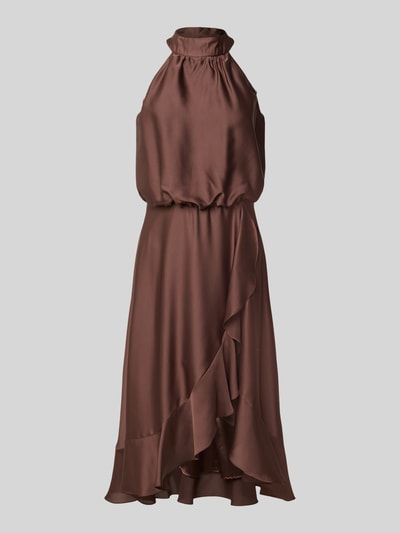 Produktfoto, Neckholder-Cocktailkleid mit Volants van Swing uit satijn in bruin, A-lijn, midi-jurk, ruglengte maat 36: 125 cm, borstwijdte 34 cm