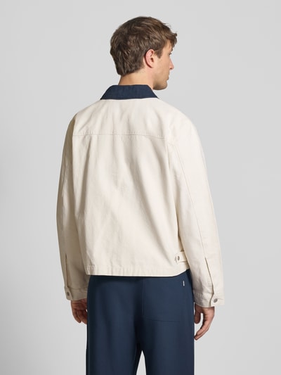 Männermodel trägt Regular Fit Übergangsjacke in denimlook van REVIEW, puur katoen, platte kraag, ritssluiting, kangoeroezak; Ganzkörperansicht Rückansicht