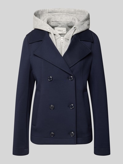 Produktfoto, Regular Fit Sweatjacke mit Viskose-Anteil von s.Oliver RED LABEL, jednorodny granatowy kolor, krój regular fit, zamek błyskawiczny ukryty, 2-rzędowa listwa guzikowa, kołnierz z połami, kaptur, długie rękawy, boczne wpuszczane kieszenie, dzianina dresowa z dodatkiem wiskozy