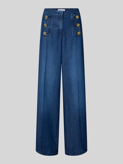 Produktfoto, Wide Leg Jeans mit Zierknöpfen und französischen Eingrifftaschen von Rich & Royal aus Baumwoll-Mix, ausgestellter Schnitt, Haken-Reißverschluss, Bügelfalte, Gesäßleistentaschen, Bundweite 38 cm, Innenbeinlänge 18 cm, blaue Jeansstruktur, goldene Zierknöpfe.