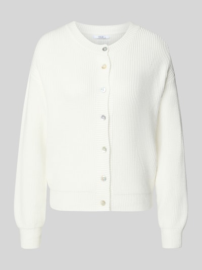 Produktfoto, Regular Fit Strickjacke aus Viskose-Mix Modell 'LENI' von VILLA SOPHIE, Optik: Unifarben, Stricktextur, weiße Farbe, einreihige Knopfleiste, Rundhalsausschnitt, Langarm, gerippte Abschlüsse.