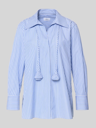 Produktfoto, Slim Fit Bluse mit Bindegürtel Modell 'STABARIN' von Marella, bawełna, krój slim fit, kołnierz koszulowy, pasek, długość tyłu w rozmiarze 36: 73 cm, długość rękawa w rozmiarze 36: 58 cm, niebiesko-białe paski, gładka faktura