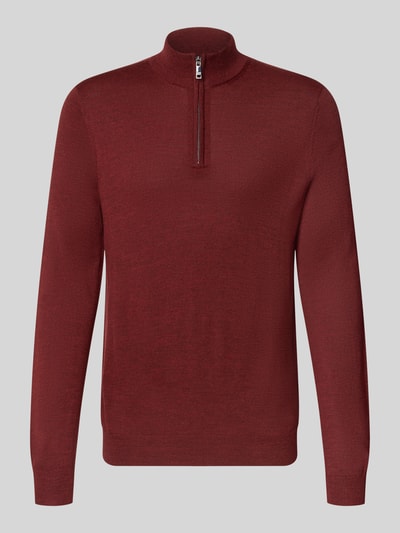 Produktfoto, Slim Fit Strickpullover aus Woll-Mix mit Troyer-Kragen von Christian Berg Men, heren gebreide pullover van wolmix, schipperskraag, elastische boordjes, ruglengte maat M 72 cm, mouwlengte maat M 69 cm, effen rood, zachte textuur