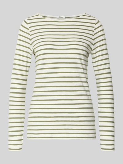 Produktfoto, Regular Fit Langarmshirt aus reiner Baumwolle von s.Oliver RED LABEL, grün-weiß gestreift, weiche Textur, U-Boot-Ausschnitt
