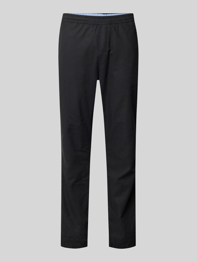 Productfoto, rechte broek van linnen-katoenmengsel van Tom Tailor, uni kleur zwart, straight fit, mid waist, label patch, knoop- en ritssluiting, steekzakken aan de zijkant, achterzakken