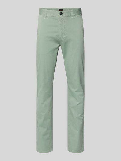 Produktfoto, Slim Fit Chino aus Baumwoll-Mix Modell 'Chino Slim' von BOSS Orange in hellgrün, unifarben, Twill-Struktur, seitliche Eingrifftaschen, Gesäßtaschen, Gürtelschlaufen, schmaler Schnitt, Label Patch, Knopf- und Reißverschluss, für Herren
