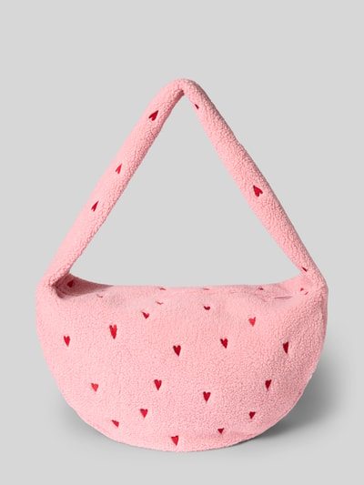 Produktfoto, rosa Crossbody Bag mit Logo-Patch Modell 'Teddy' von Studio Noos, Herzchen-Motiv, strukturierte Stoffoberfläche, Reißverschluss, Schulterriemen, Maße 60x36x12 cm, Länge Schulterriemen 80 cm