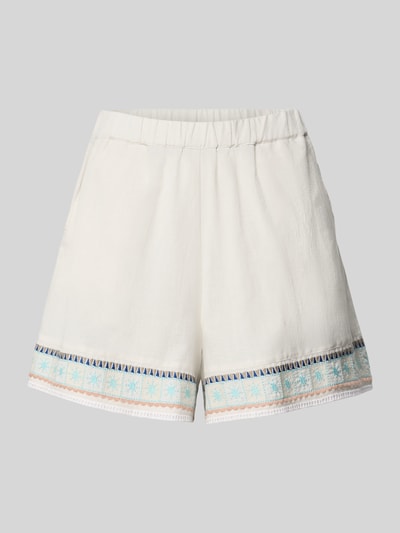 Productfoto, Bermudas uit linnen-katoenmengsel met steekzakken van Jake*s Casual, uitlopende fit, elastische tailleband, crème kleur met blauwe en beige details, Frans steekzakdesign, maat 36, textuur linnen-katoenmix.