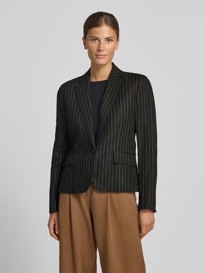 Frauenmodel trägt Regular Fit Longblazer aus Leinen mit Pattentaschen von Lauren Ralph Lauren, Nadelstreifen, Schwarz, Ganzkörperansicht von vorne.