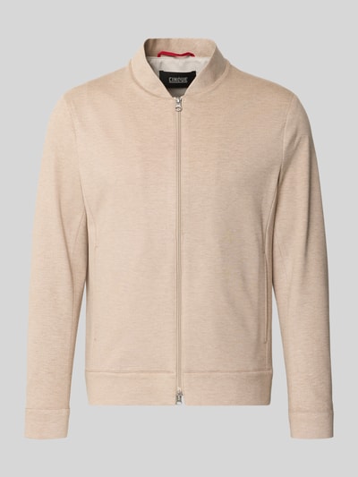 Produktfoto, Jacke aus Viskose-Mix Modell 'CICROSS' von CINQUE in Beige mit Stehkragen, Reißverschluss und Eingrifftaschen, glatte Textur.