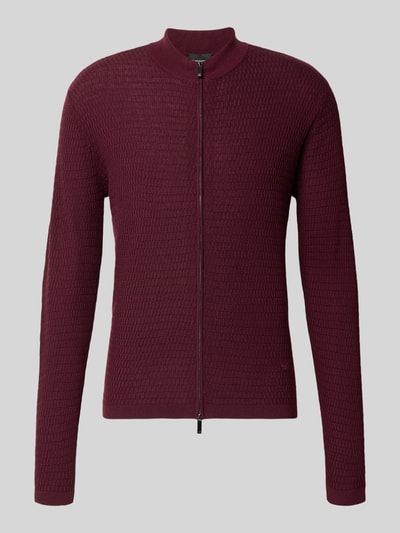Produktfoto, Strickjacke aus reiner Schurwolle von Emporio Armani in Bordeaux, schmale Passform, Zwei-Wege-Reißverschluss, gerippte Abschlüsse, Herrenmode