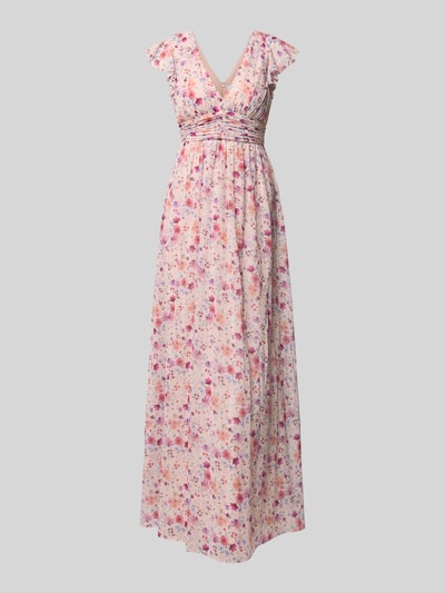 Produktfoto, Abendkleid aus Chiffon mit floralem Allover-Print von Jake*s Cocktail in Rosa, Taillierte Passform, V-Ausschnitt, Rüschen, feine Textur