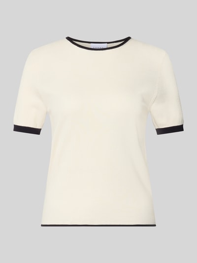 Produktfoto, Strickshirt mit Rundhalsausschnitt von Comma, cremefarben mit schwarzen Kontraststreifen, Viskose-Mix, Slim-Fit, Damen