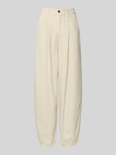 Produktfoto, Balloon Fit Jeans aus reinem Lyocell von Emporio Armani in Ripp-Optik, helle Farbe, Eingriff- und Gesäßtaschen, Gürtelschlaufen, Knopf- und Reißverschluss.