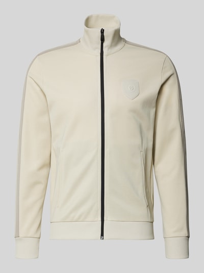 Produktfoto, Regular Fit Sweatjacke mit Baumwoll-Anteil Modell 'LUX SKARLEY' von BOSS Green, unifarben, Reißverschluss, Galonstreifen, Label Patch und Stitching, Stehkragen, langarm mit geripptem Abschluss, zwei seitliche Eingrifftaschen, Sweat-Material, beige und schwarze Farbakzente, glatte Oberfläche