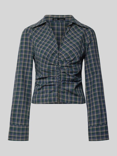 Produktfoto, Bluse mit Raffungen und Umlegekragen Modell 'GALEENO' von Mango, Karomuster in Blau-Grün, Reine Baumwolle, Taillierter Schnitt, Hakenverschluss, Rückenlänge 48 cm, Ärmellänge 61 cm