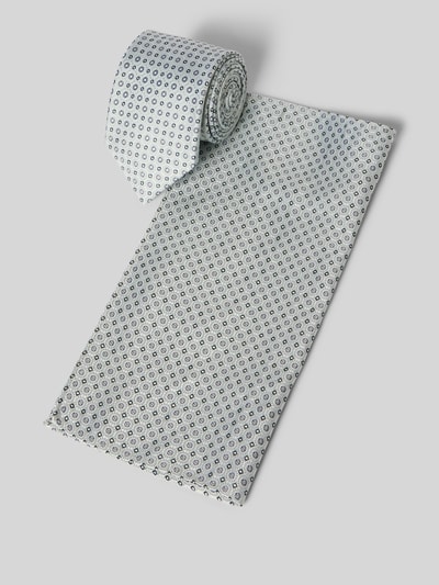 Produktfoto, Krawatte und Einstecktuch im Set aus Seide von Prince Bowtie für Herren, stilvolles blau-graues Muster, klassische Form, feine Struktur