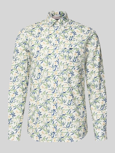 Produktfoto, Slim Fit Freizeithemd mit Button-Down-Kragen Modell 'Slub' von Fynch-Hatton, Reine Baumwolle, floraler Allover-Print, langärmelig, durchgängige Knopfleiste, Brusttasche, Herren, Rückenlänge 74 cm, Schulterbreite 44 cm, Ärmellänge 66 cm, helle Grundfarbe mit grün-blau gemusterten Details