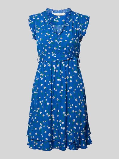 Produktfoto, Minikleid aus Viskose mit Bindegürtel von Apricot, taillierter Schnitt, V-Ausschnitt mit Rüschen, Schmetterlingsärmel, Stufenrock, Blümchenmuster, reine Viskose, kurze Knopfleiste, Rückenlänge 70 cm, Brustweite 44 cm, Damen