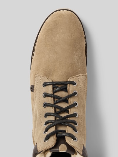 Produktfoto, Boots aus Leder mit Reißverschluss van BULLBOXER in lichtbruin echt leer, afgeronde punt, vetersluiting, ritssluiting, warm gevoerd, geprofileerde zool, hakhoogte 4 cm, schachthoogte 15 cm, schachtbreedte 7 cm
