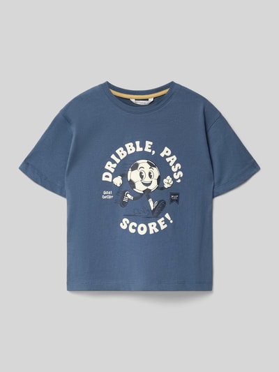 Produktfoto, T-Shirt aus reiner Baumwolle von Mango, kurzärmelig, gerader Schnitt, Rundhalsausschnitt, Kinderdesign, blaue Farbe