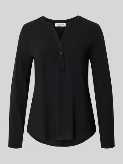 Produktfoto, Regular Fit Bluse aus reiner Viskose mit Tunika-Ausschnitt von Christian Berg Woman, czarna, długa listwa guzikowa, krój regular fit, dekolt z lamówką, długość tyłu 64 cm, długość rękawów 60 cm, tekstura gładka