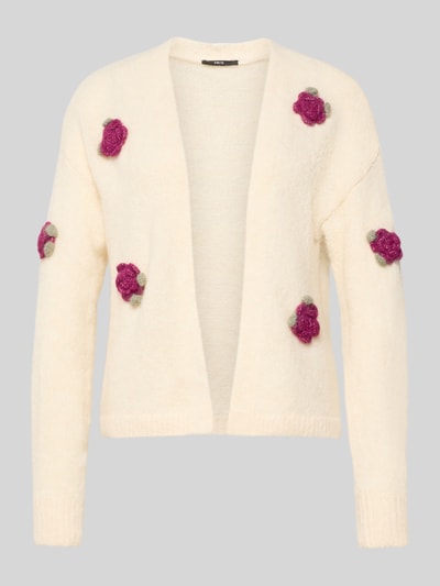 Produktfoto, Cradigan mit floralen Applikationen und offener Front von Zero, cremefarben, gerader Schnitt, florale Details, flauschige Textur