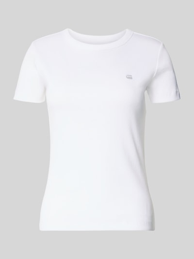 Produktfoto, Slim Fit T-Shirt mit Logo-Stitching von G-Star Raw in Weiß, elastischer Baumwoll-Mix, Rippenstruktur, Rundhalsausschnitt