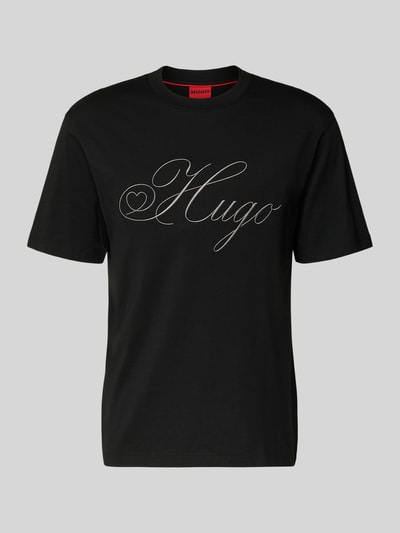 Produktfoto, schwarzes Regular Fit T-Shirt aus reiner Baumwolle Modell 'DALENT' von HUGO, unifarben, Label Stitching, Rundhals, Kurzarm, Jersey.