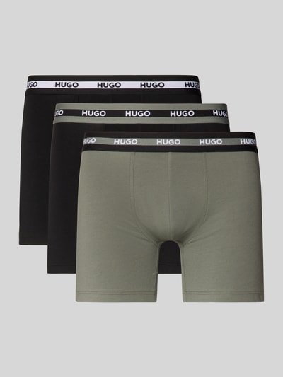 Produktfoto, Slim Fit Trunks aus Baumwoll-Mix im 3er-Pack Modell 'PLANET' von HUGO, efekt: jednolity kolor, krój slim fit, z napisem z logo, ściągacz: elastyczny, wielopak: 3 szt., wykończenie materiału: dżersej ze streczem, materiał: mieszanka bawełny