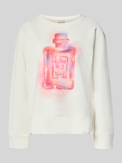 Produktfoto, Sweatshirt mit Motiv-Print und Pailletten von Milano Italy, weißer Baumwoll-Mix, rosa und pinke Farbakzente, Relaxed Fit