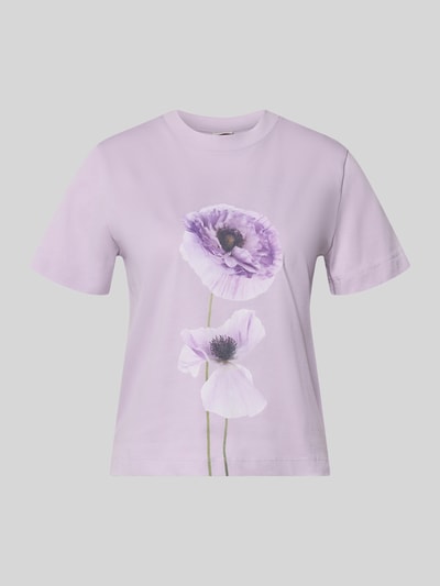 Produktfoto, T-Shirt mit Motiv-Print Modell 'FIORE' von Stefanel, damski t-shirt z bawełny, prosty krój, okrągły dekolt, nadruk z motywem, długość tyłu w rozmiarze S: 55 cm, jasnofioletowy z kwiatowym wzorem, gładka faktura