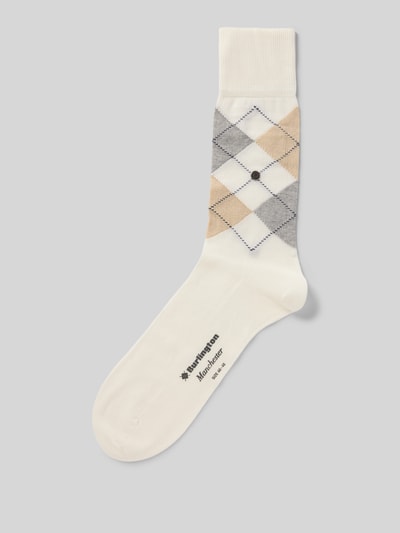 Produktfoto, Socken aus Baumwoll-Mix Modell 'MANCHESTER' von Burlington in Creme mit Rauten, elastische Bündchen, Label-Details, Herren Skarpety, mieszanka bawełny