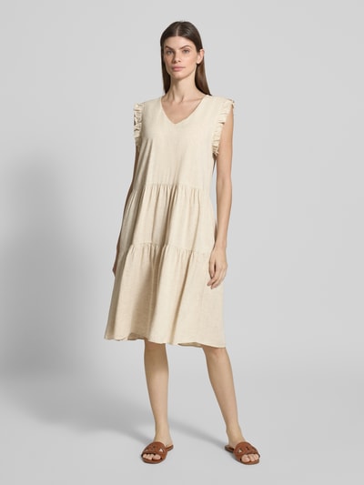 Smith and Soul Sukienka o długości do kolan z mieszanki wiskozy i lnu z dekoltem w serek Złamany biały melanż 4