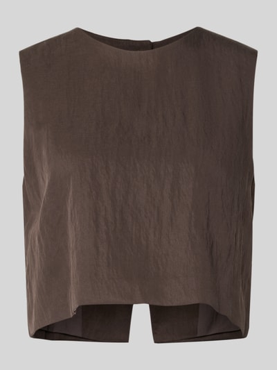 Produktfoto, Cropped Blusentop mit Rundhalsausschnitt Modell 'ADRIAN' von Mango aus Lyocell-Mix, Rückenlänge bei Größe S 37 cm, dunkelbraune Farbe, strukturierte Textur.