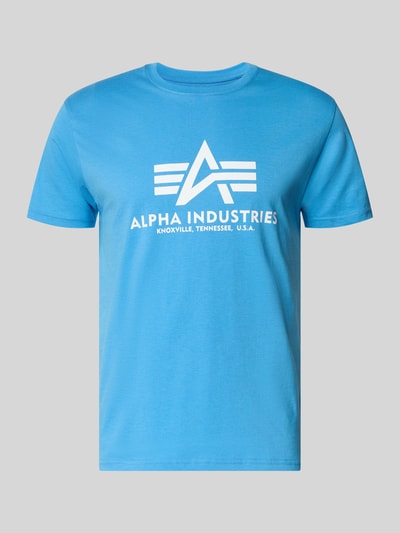 Productfoto, T-Shirt met logo en ronde hals van Alpha Industries, regular fit, puur katoen, blauw met wit logo, maat M ruglengte 68 cm